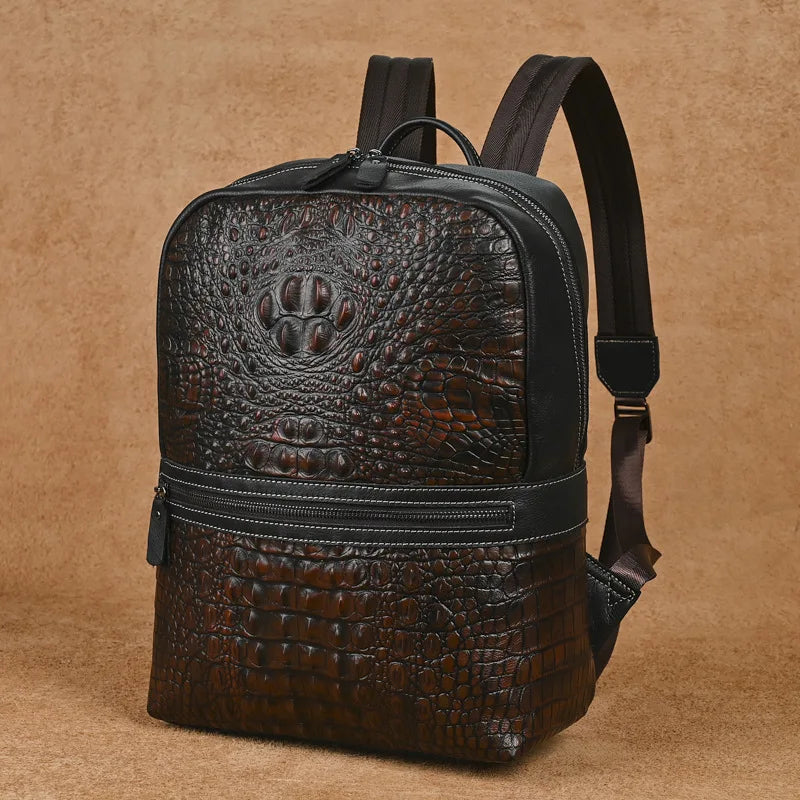 Premium Retro Cowhide Backpack with Crocodile Pattern – Business & Travel