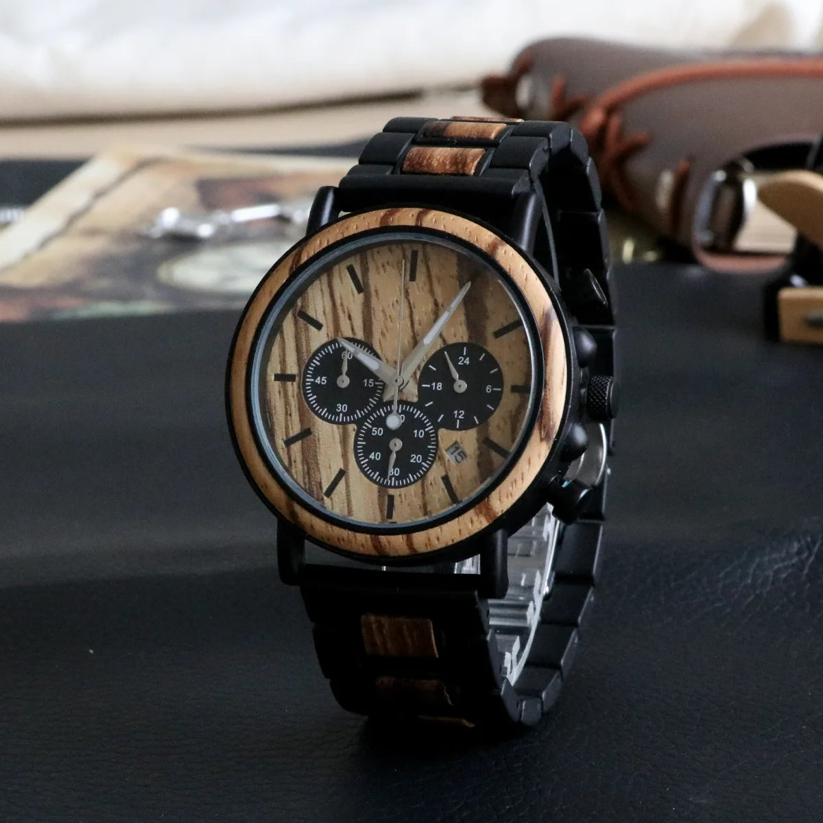Luxury Men’s Wooden Chronograph Watch – Unique Design, Stylish Gift Timepiece