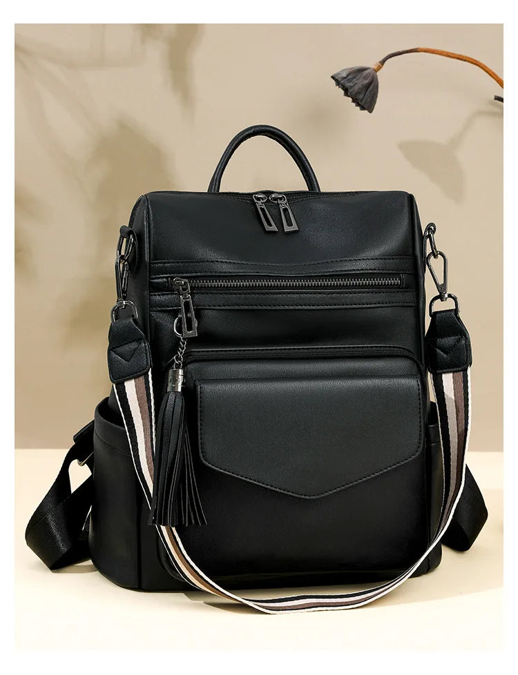 Large Leather Backpack for Women Travel Fashion Shoulder Bag With Tassel Purse