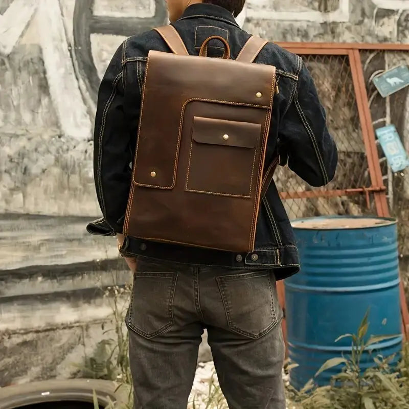 Vintage Crazy Horse Leather Backpack for Men – 15" Laptop Business Travel Bag
