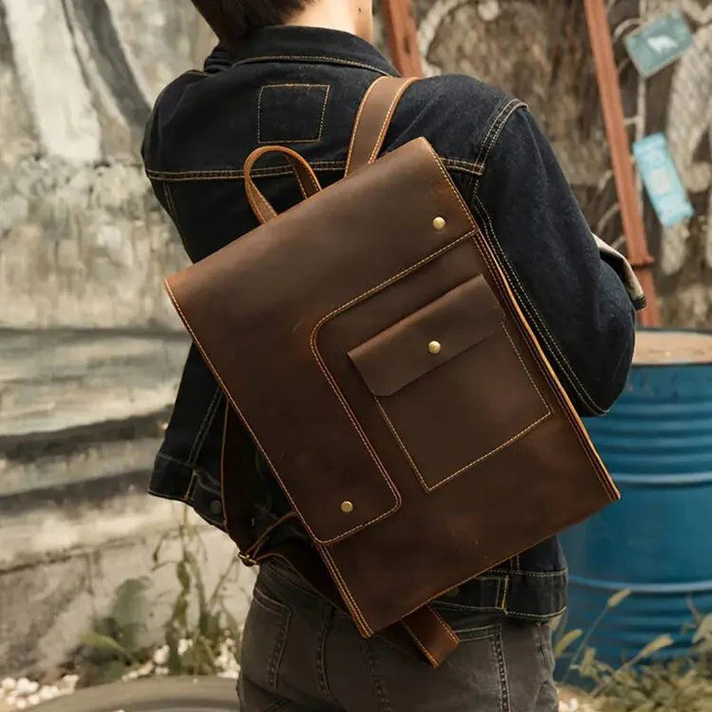 Vintage Crazy Horse Leather Backpack for Men – 15" Laptop Business Travel Bag