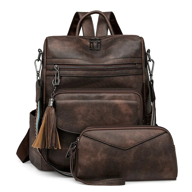 Large Leather Backpack for Women Travel Fashion Shoulder Bag With Tassel Purse