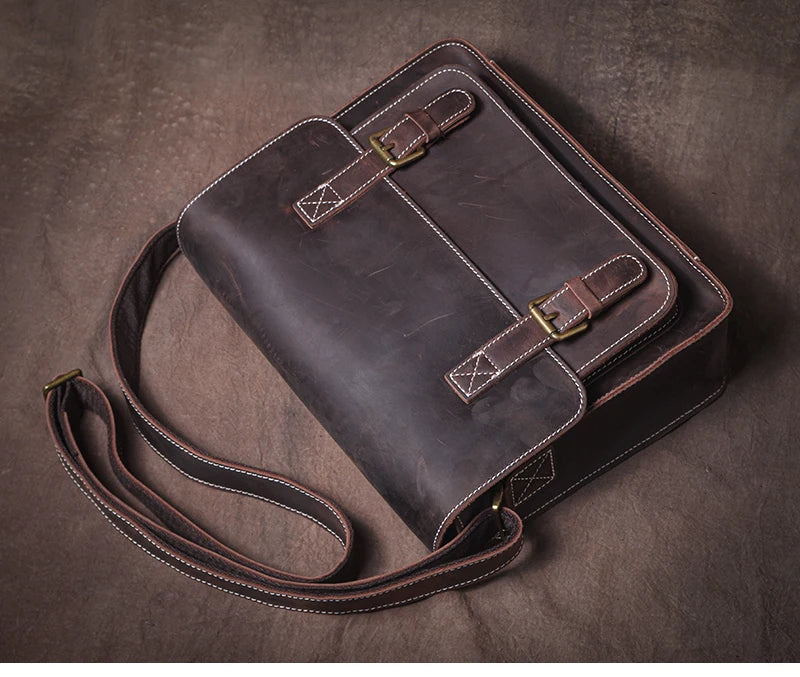 Retro Crazy Horse Leather Messenger Bag Crossbody Satchel
