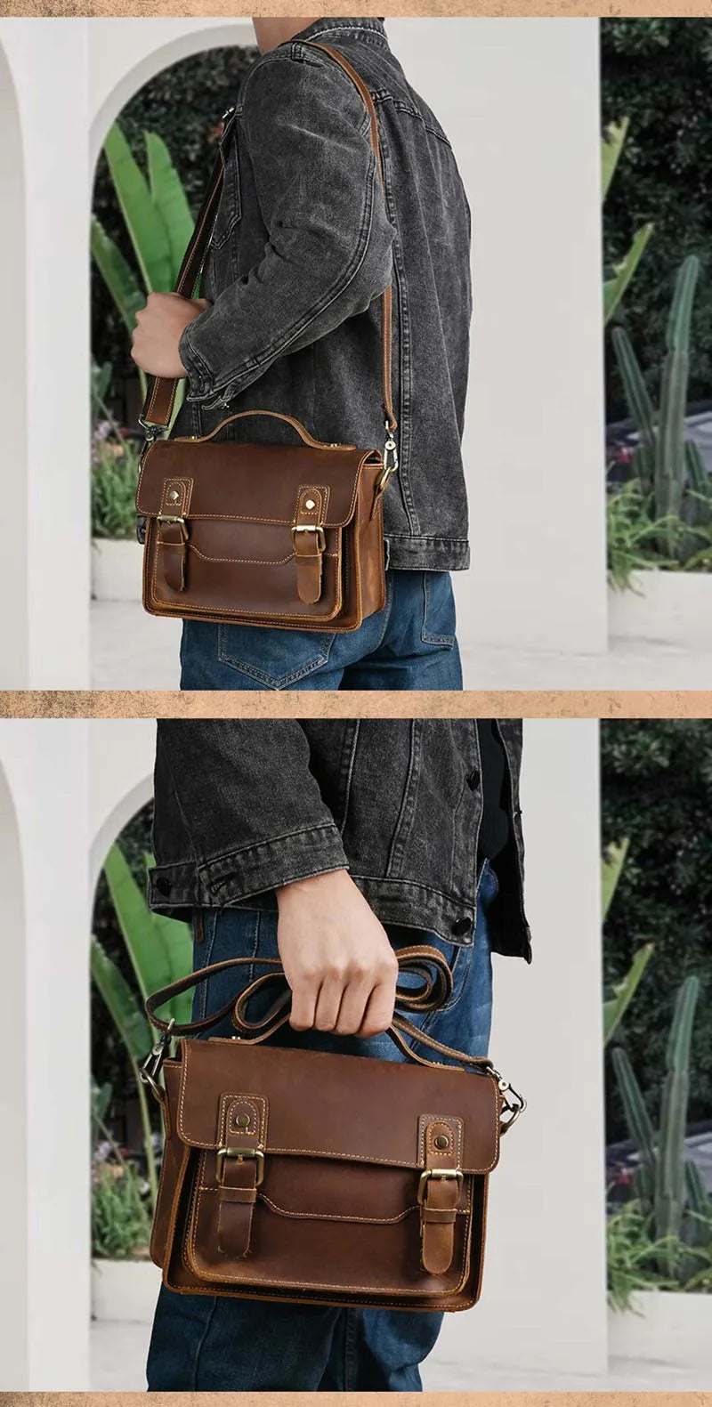 Vintage Crazy Horse Leather Men's Shoulder Crossbody Travel Bag