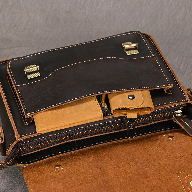 Vintage Crazy Horse Leather Men's Shoulder Crossbody Travel Bag