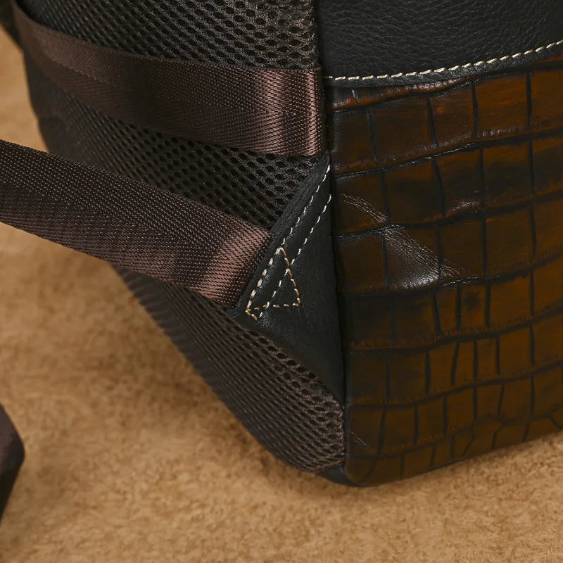 Premium Retro Cowhide Backpack with Crocodile Pattern – Business & Travel