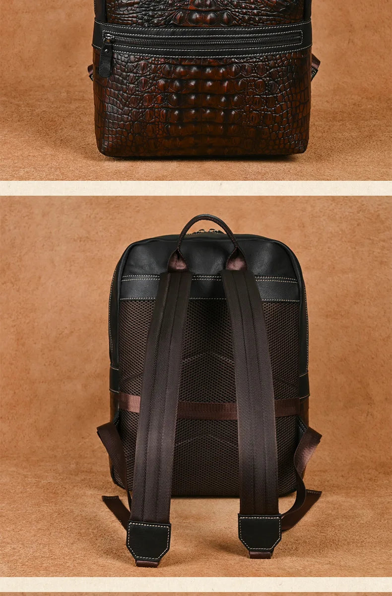 Premium Retro Cowhide Backpack with Crocodile Pattern – Business & Travel