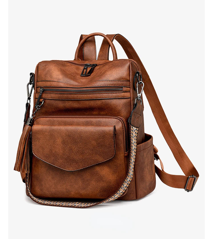 Large Leather Backpack for Women Travel Fashion Shoulder Bag With Tassel Purse