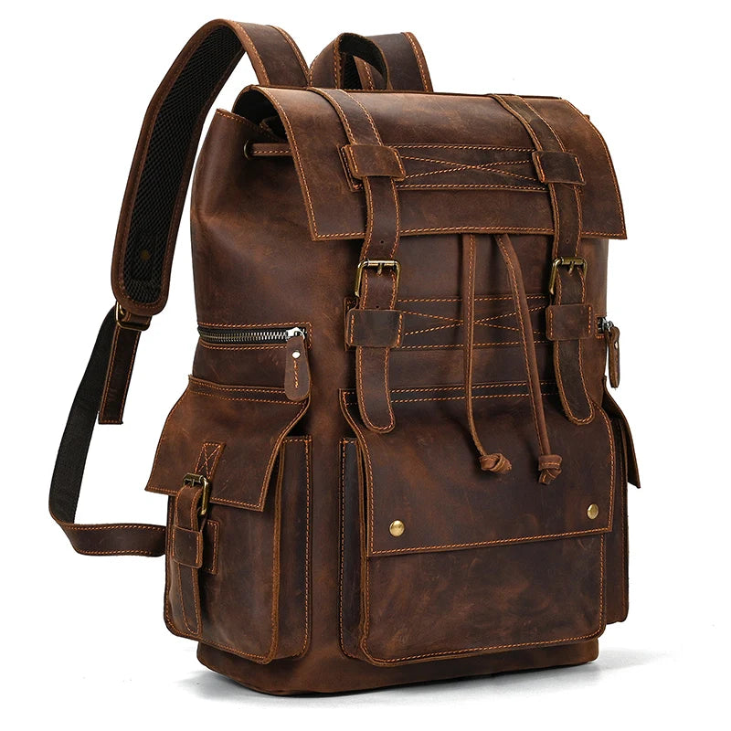 Vintage Crazy Horse Leather Backpack 15.6" Laptop Travel Daypack for Men
