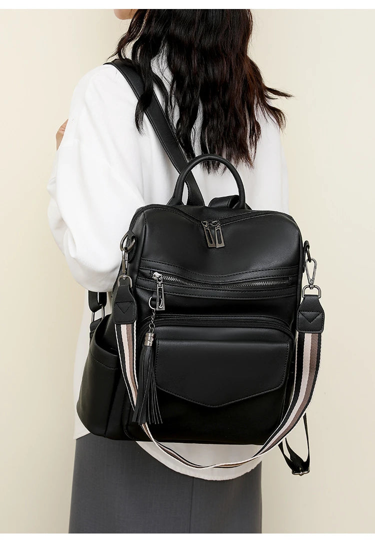 Large Leather Backpack for Women Travel Fashion Shoulder Bag With Tassel Purse
