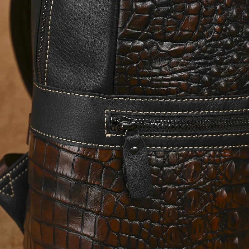 Premium Retro Cowhide Backpack with Crocodile Pattern – Business & Travel