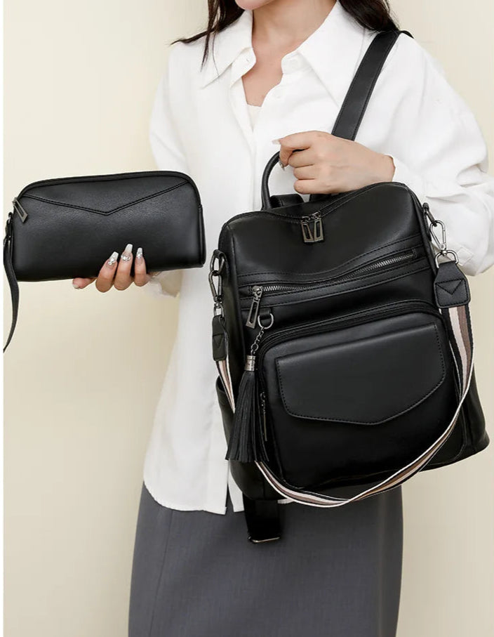 Large Leather Backpack for Women Travel Fashion Shoulder Bag With Tassel Purse