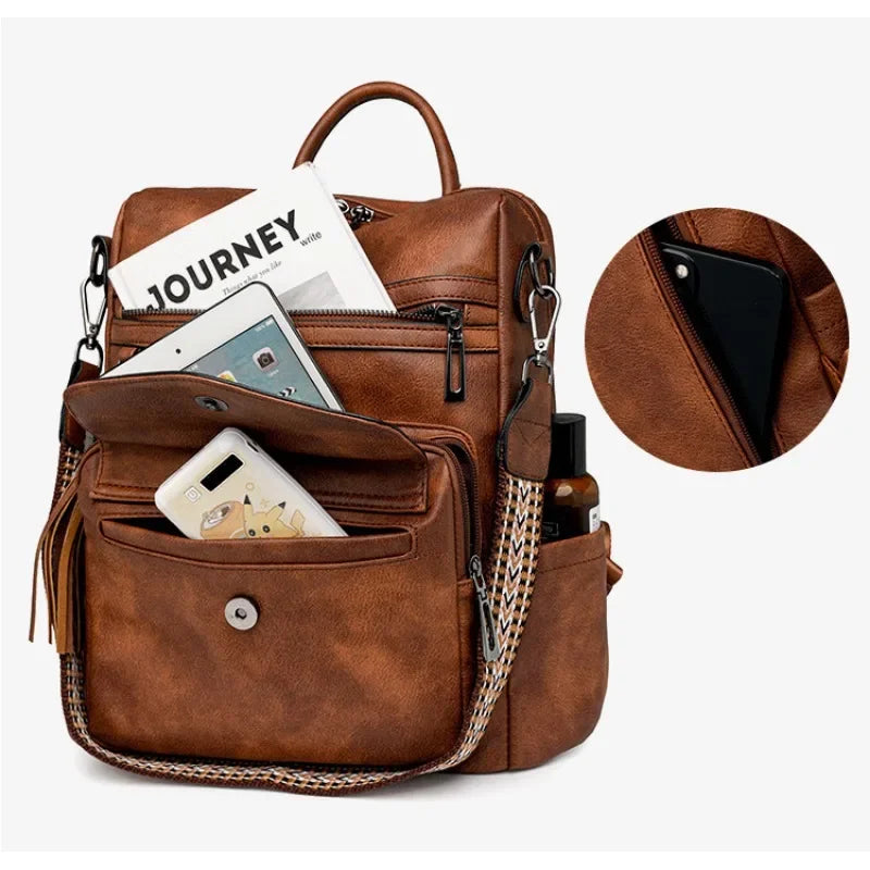 Large Leather Backpack for Women Travel Fashion Shoulder Bag With Tassel Purse
