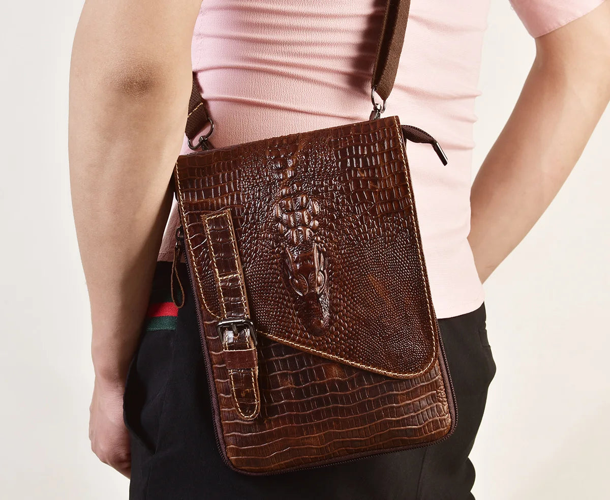 Alligator Crocodile Pattern Men’s Cow Leather Shoulder Bag