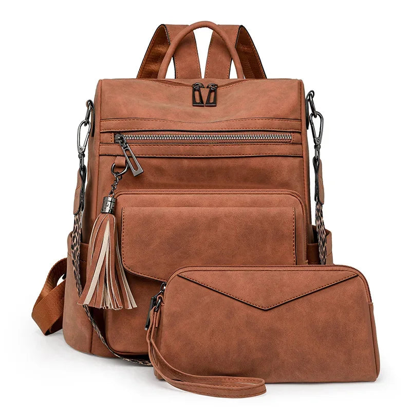 Large Leather Backpack for Women Travel Fashion Shoulder Bag With Tassel Purse