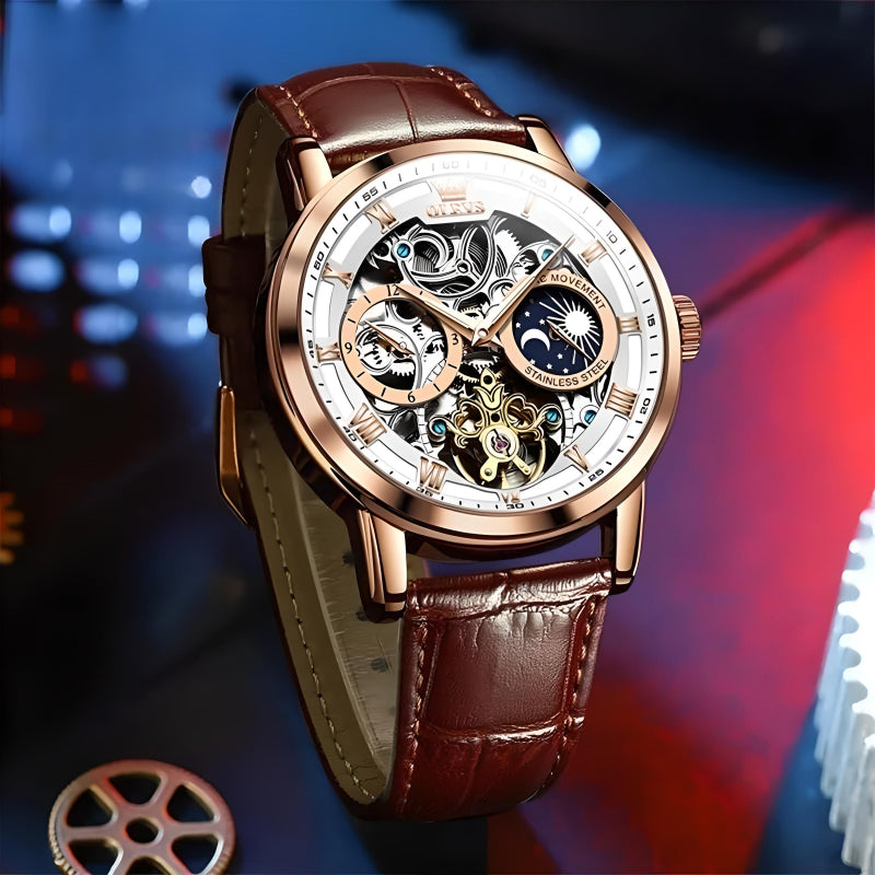 Luxury Men’s Skeleton Automatic Leather Waterproof Mechanical Watch