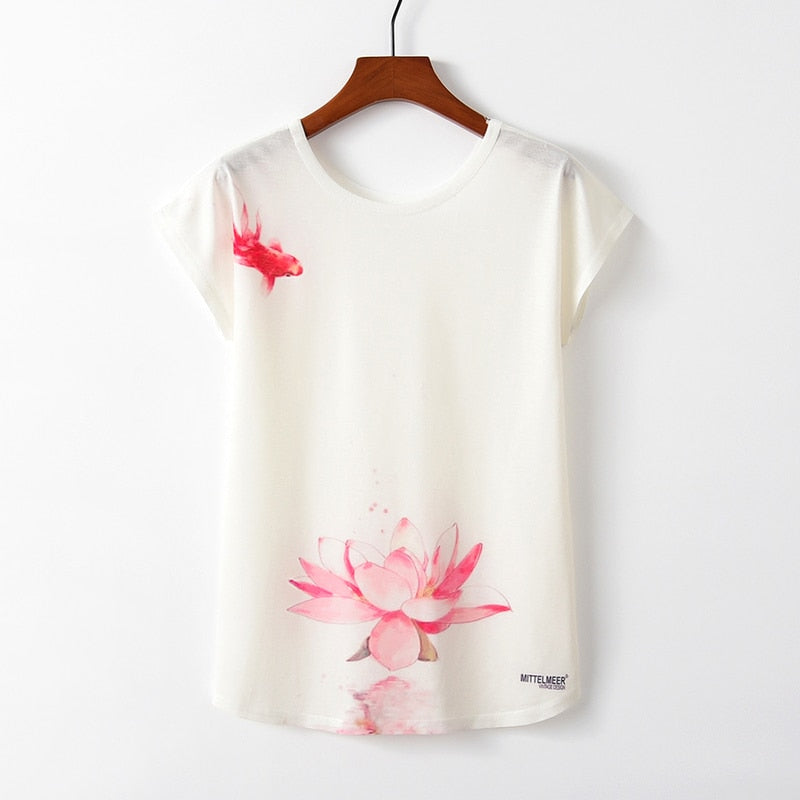 Women Cute Style Bird Print Loose T-shirt - COOLCrown Store