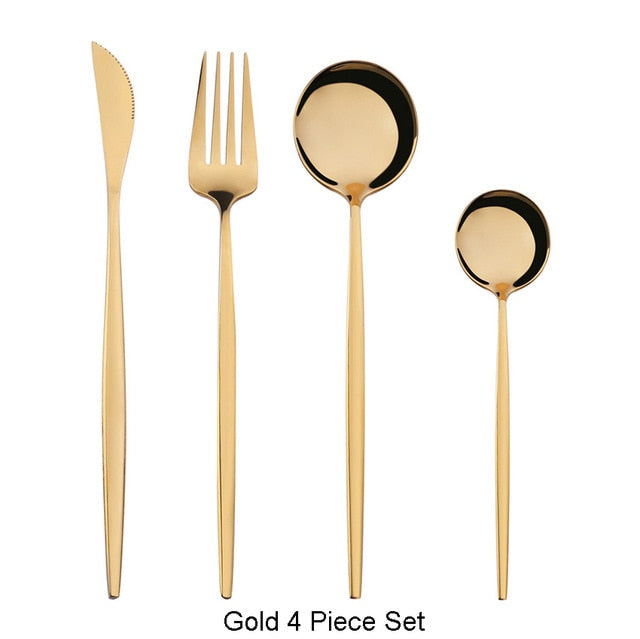 4Pcs Black Gold Cutlery Set Stainless Steel Dinnerware Silverware Flatware Set Dinner - COOLCrown Store