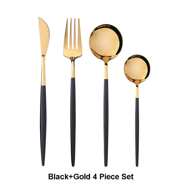 4Pcs Black Gold Cutlery Set Stainless Steel Dinnerware Silverware Flatware Set Dinner - COOLCrown Store