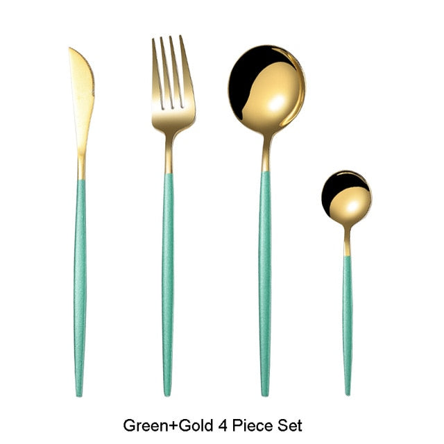 4Pcs Black Gold Cutlery Set Stainless Steel Dinnerware Silverware Flatware Set Dinner - COOLCrown Store